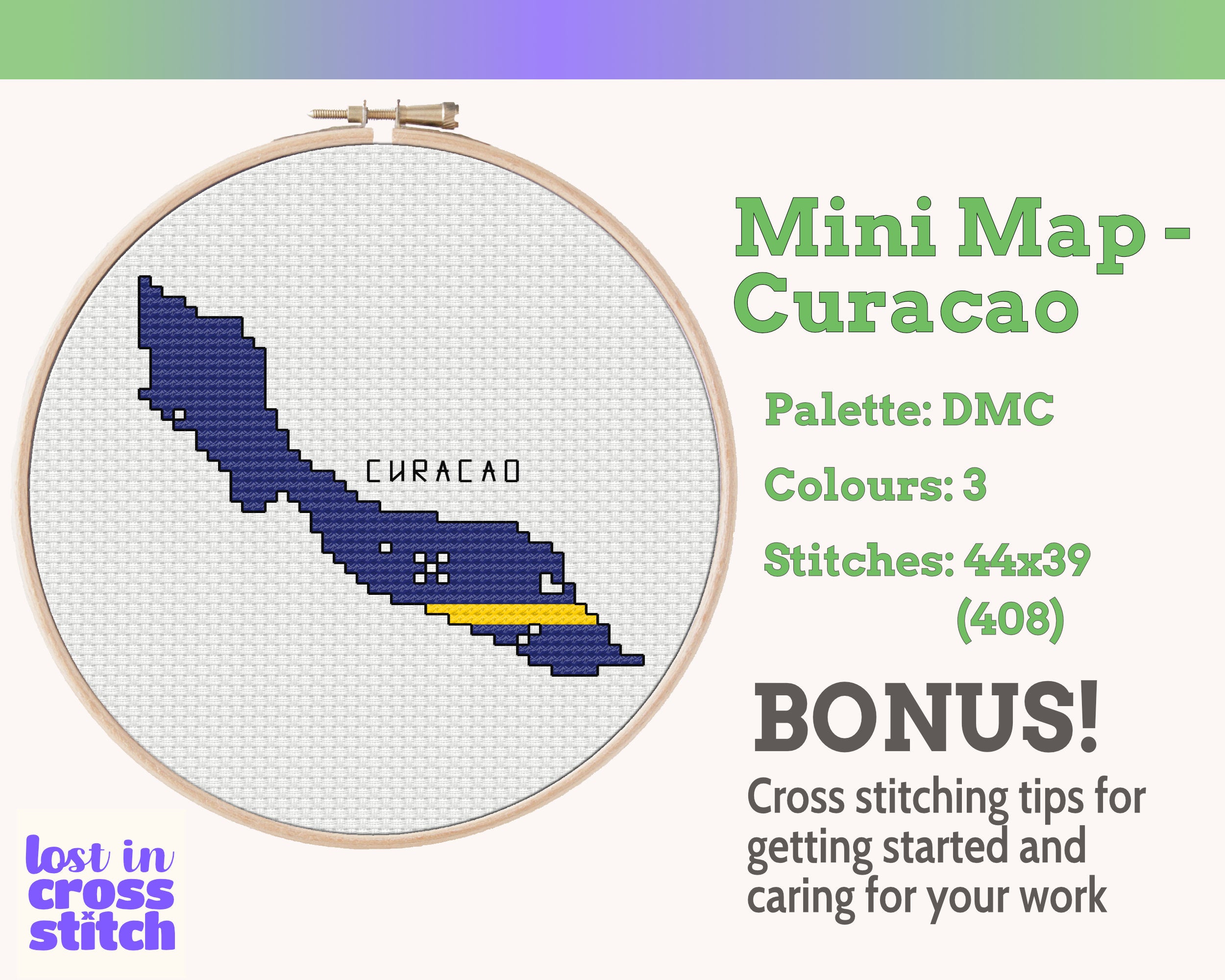 Curaçao Cross Stitch Pattern: Mini Flag Map