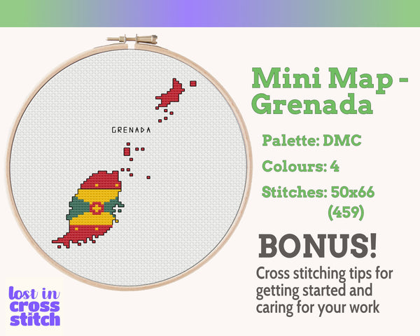 Grenada Cross Stitch Pattern: Mini Flag Map