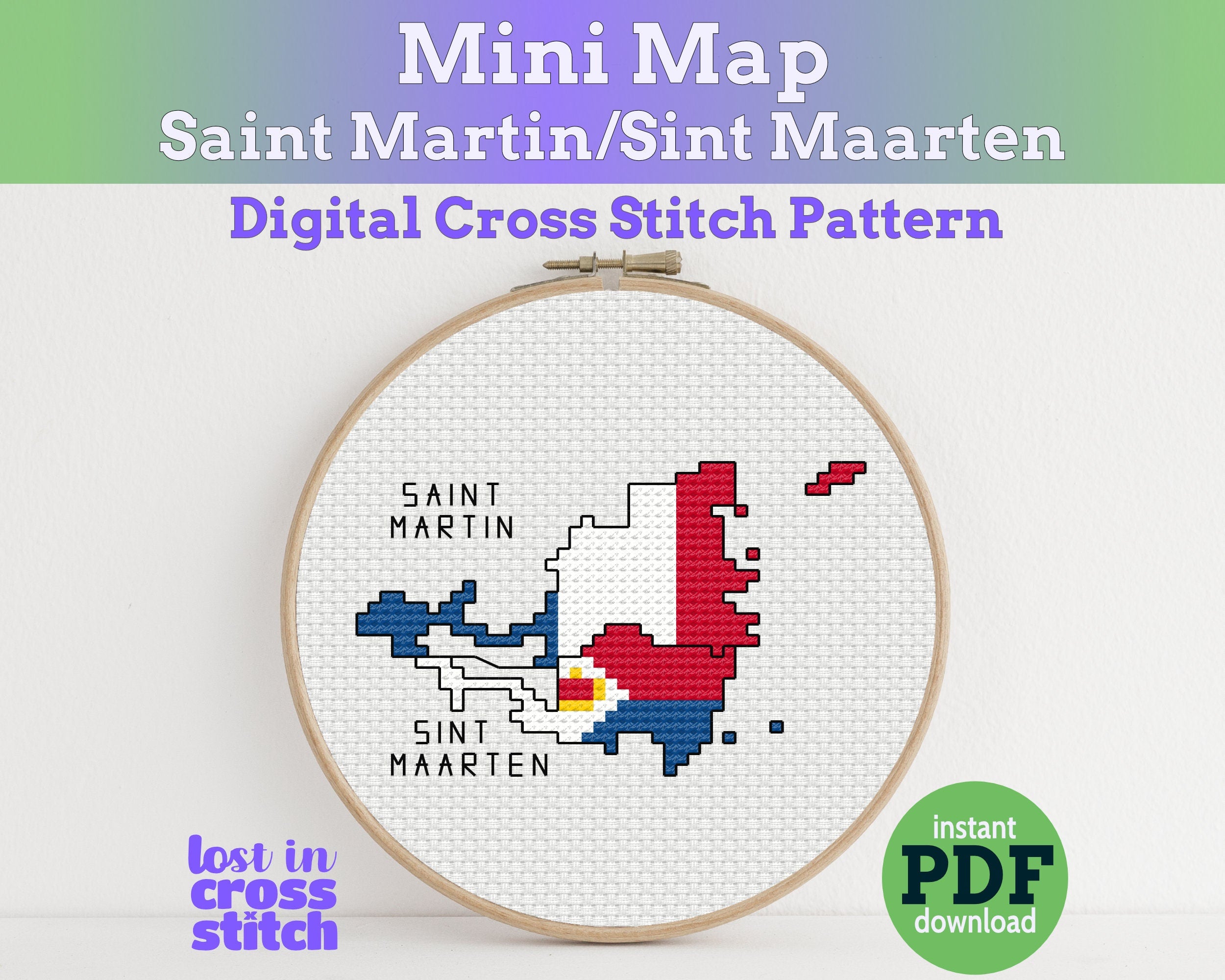 Saint Martin / Sint Maarten Cross Stitch Pattern: Mini Flag Map Main image
