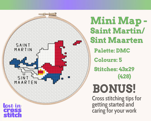 Saint Martin / Sint Maarten Cross Stitch Pattern: Mini Flag Map