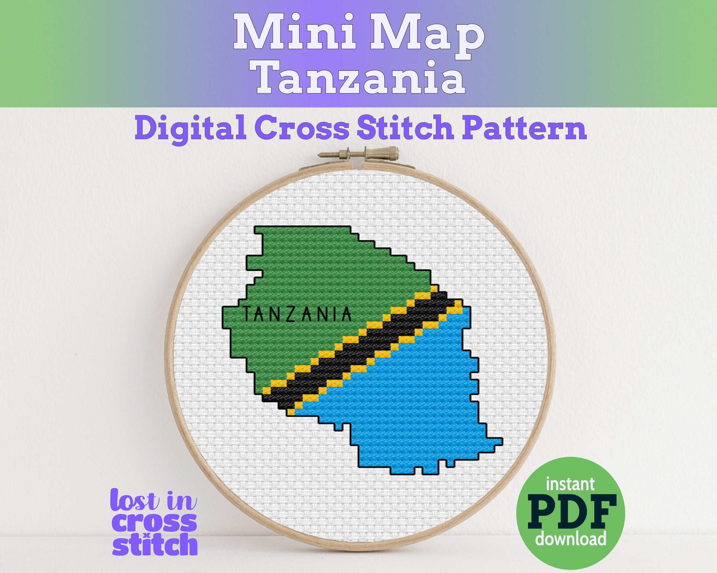 Tanzania Cross Stitch Pattern: Tiny Flag Map Main image