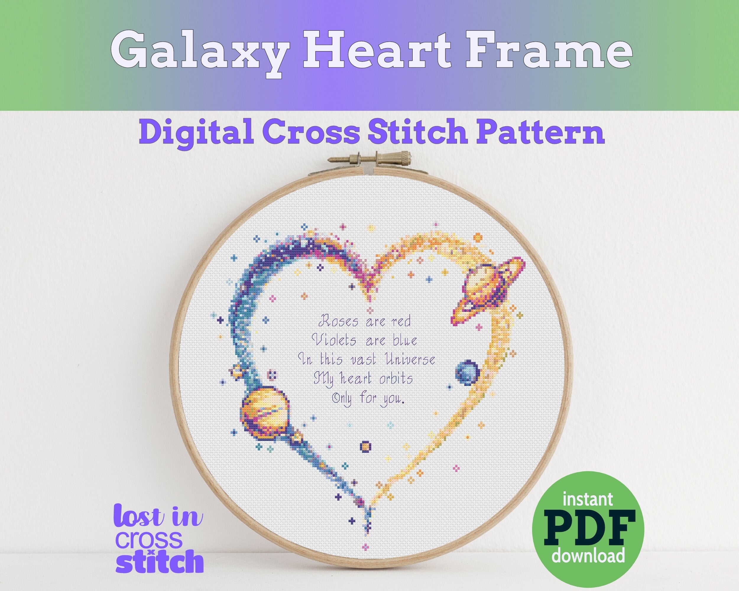 Galaxy Heart Frame Cross Stitch Pattern PDF Main image