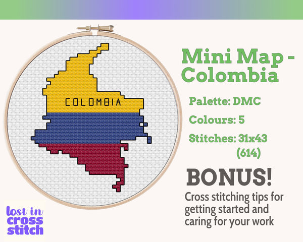 Colombia Cross Stitch Pattern: Tiny Flag Map