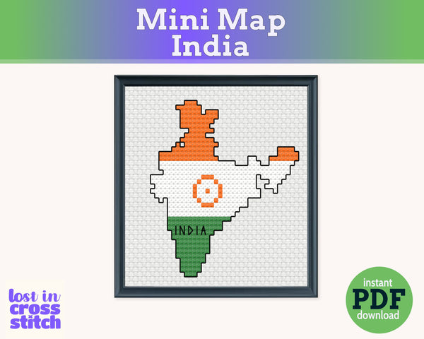India Cross Stitch Pattern: Mini Flag Map