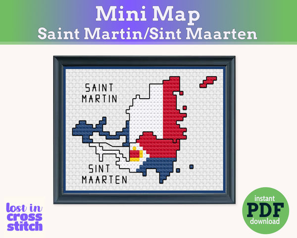 Saint Martin / Sint Maarten Cross Stitch Pattern: Mini Flag Map