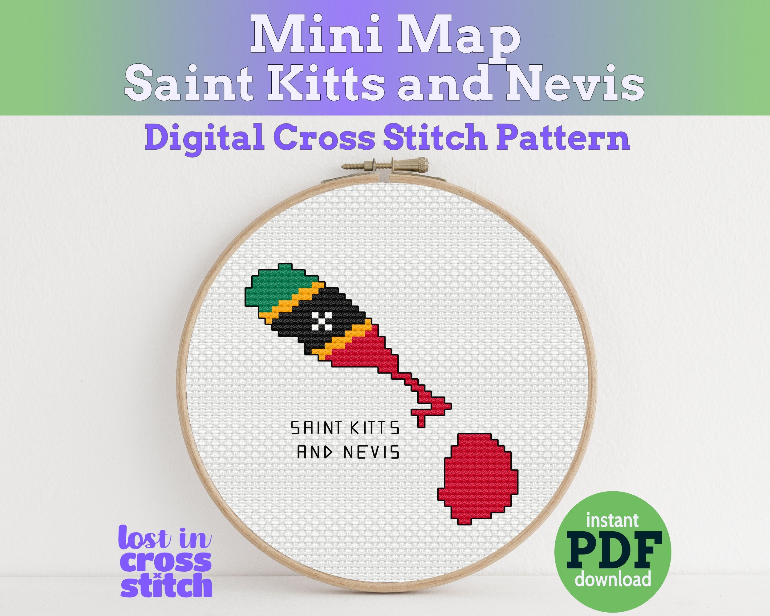 Saint Kitts and Nevis Cross Stitch Pattern: Mini Flag Map Main image