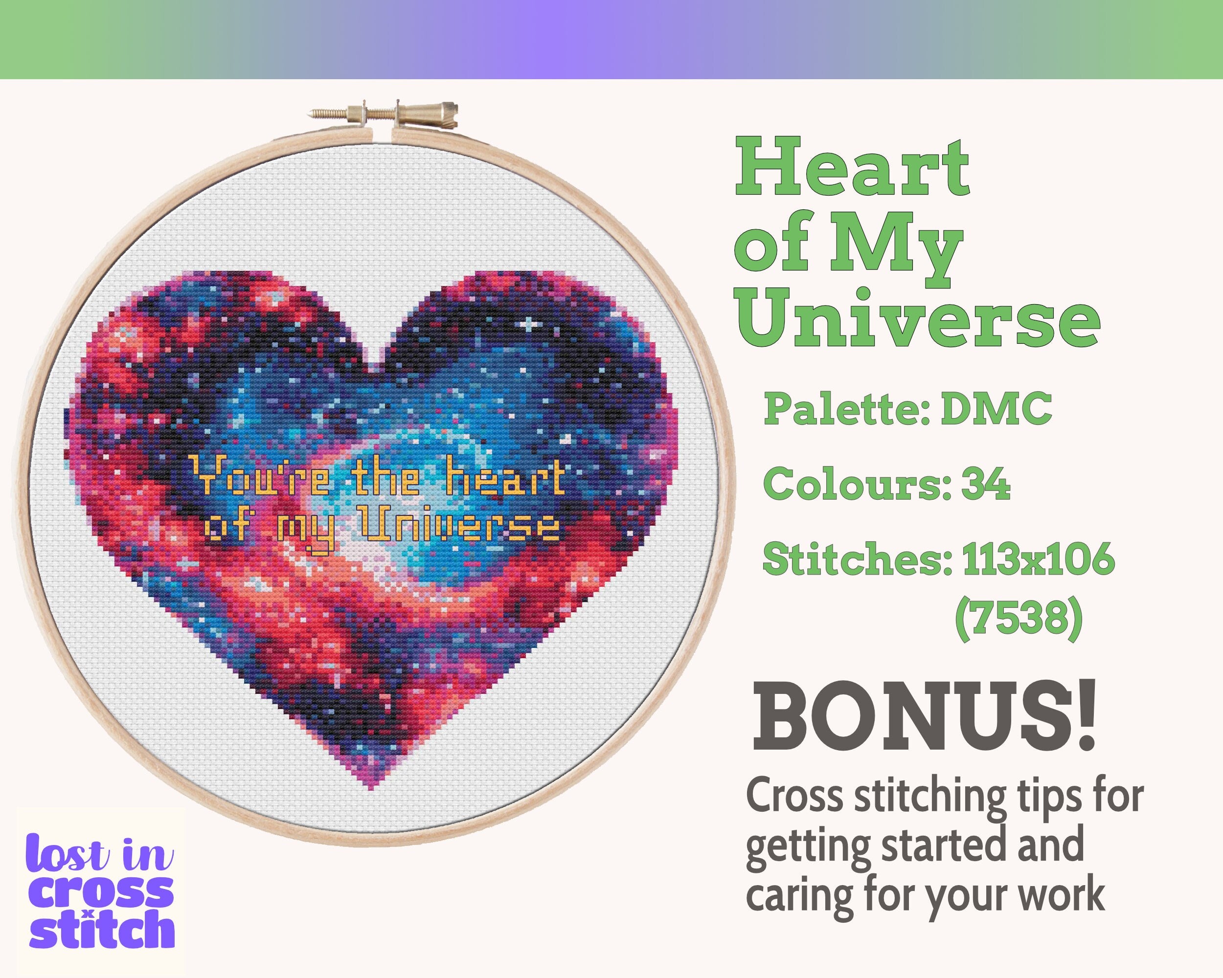Heart of My Universe Valentine Cross Stitch Pattern PDF Secondary image