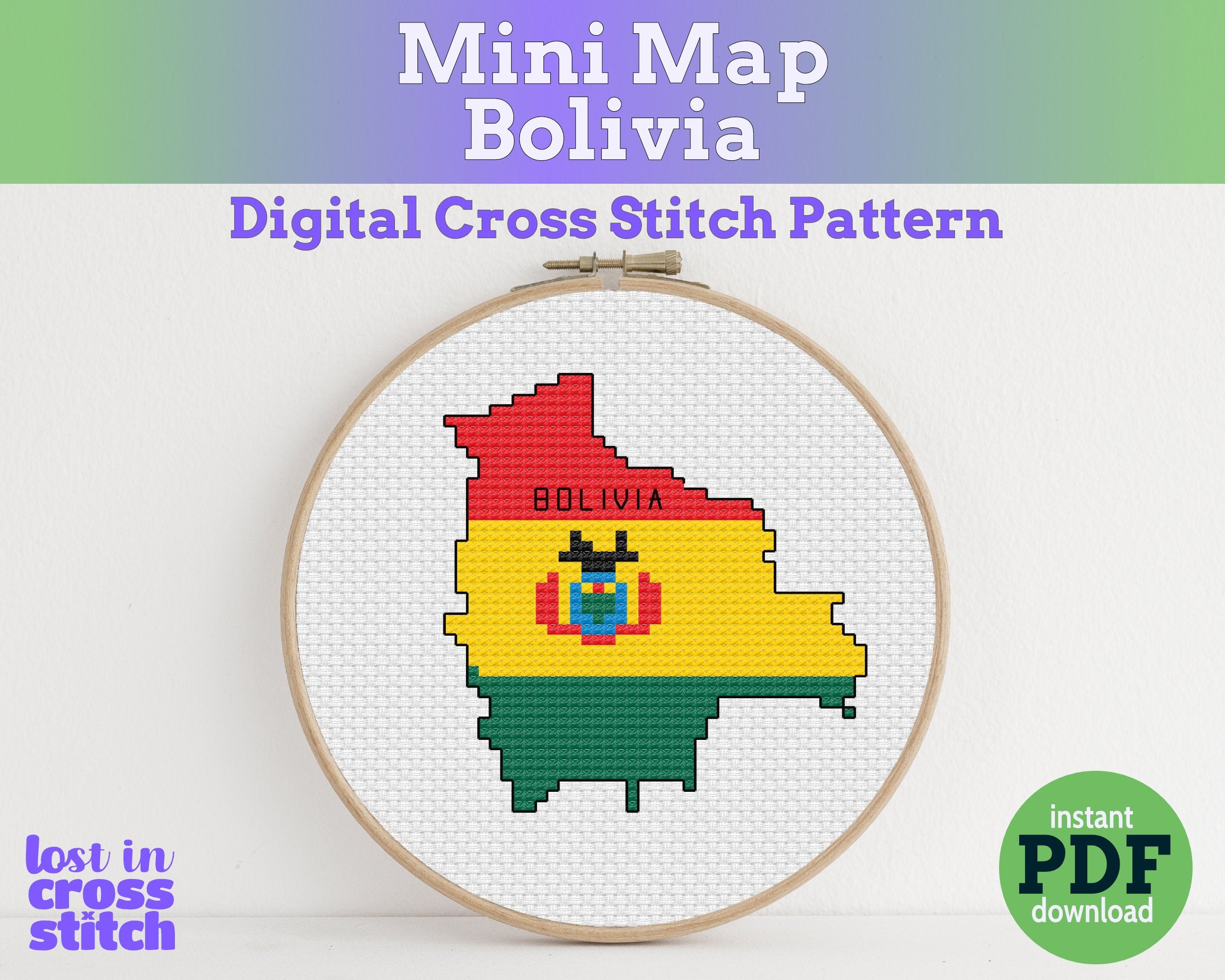 Bolivia Cross Stitch Pattern: Tiny Flag Map
