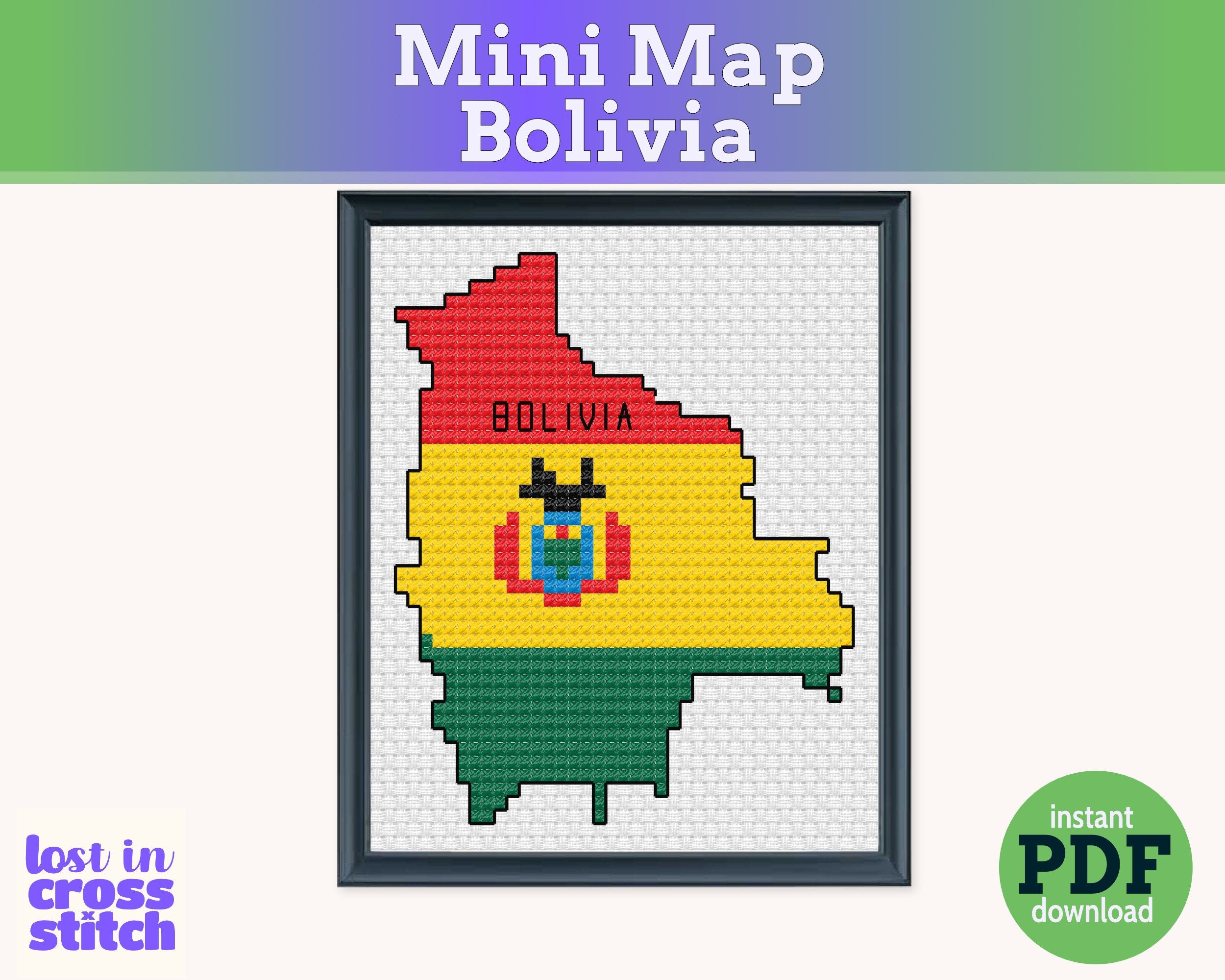 Bolivia Cross Stitch Pattern: Tiny Flag Map
