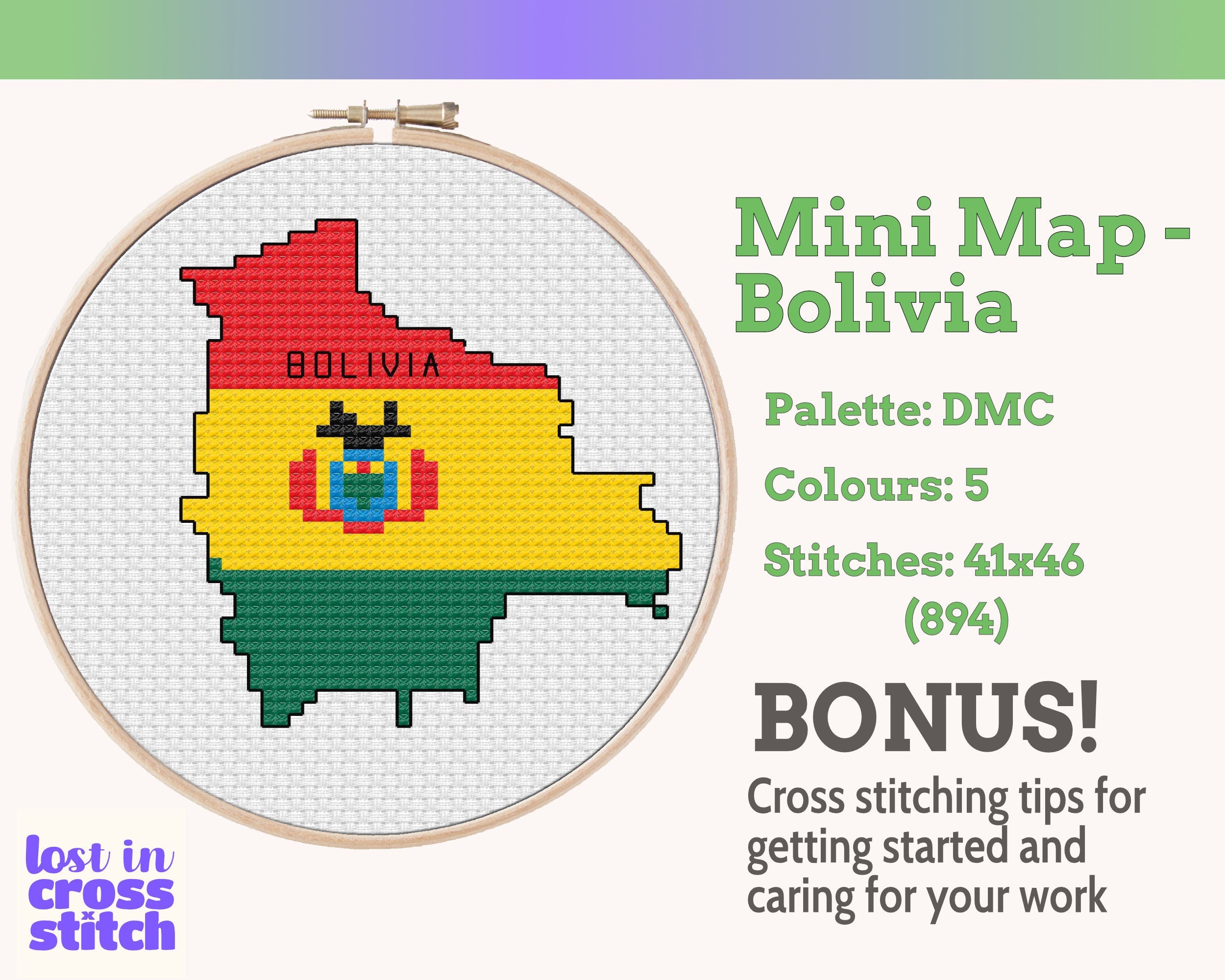 Bolivia Cross Stitch Pattern: Tiny Flag Map