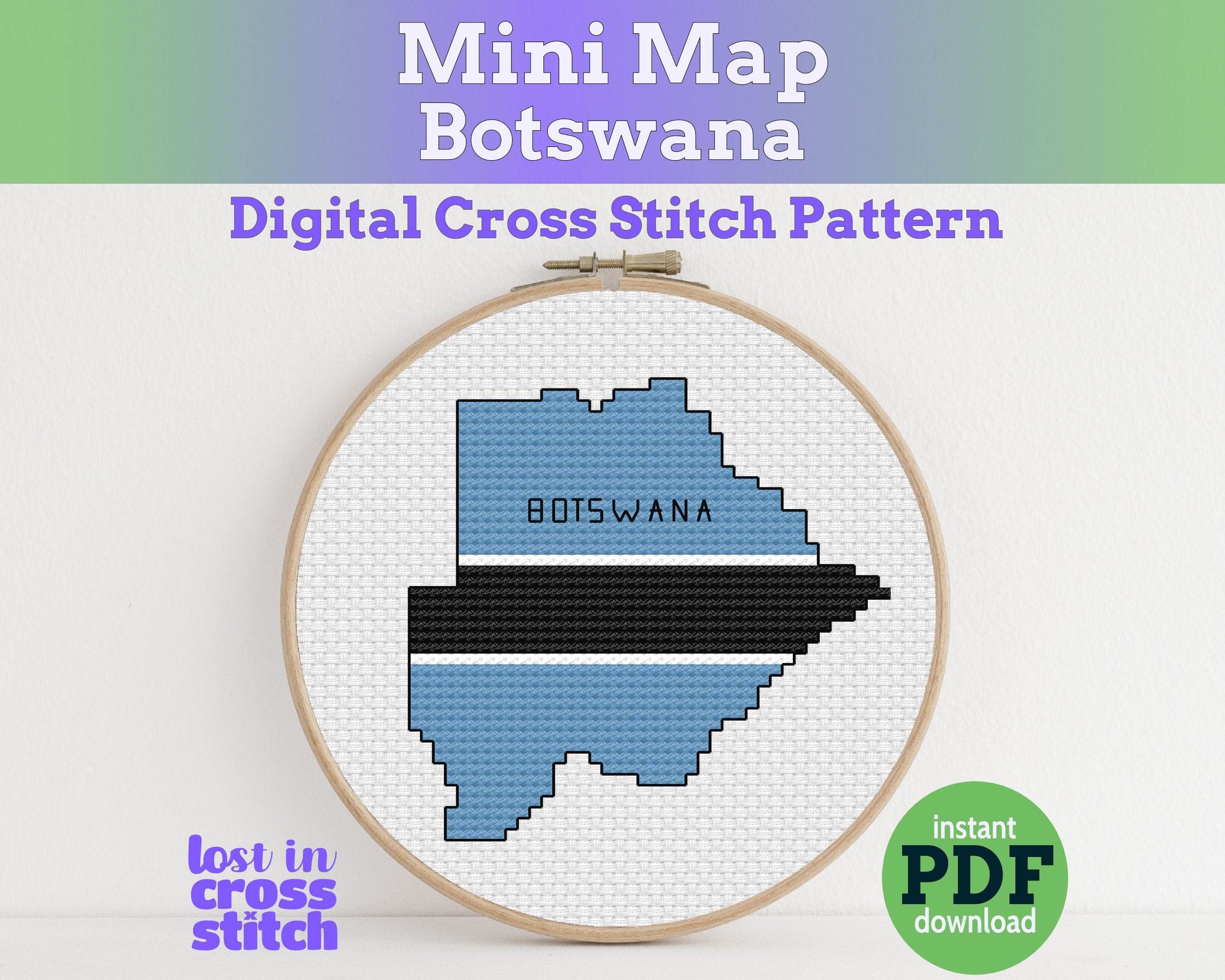 Botswana Cross Stitch Pattern: Tiny Flag Map Main image