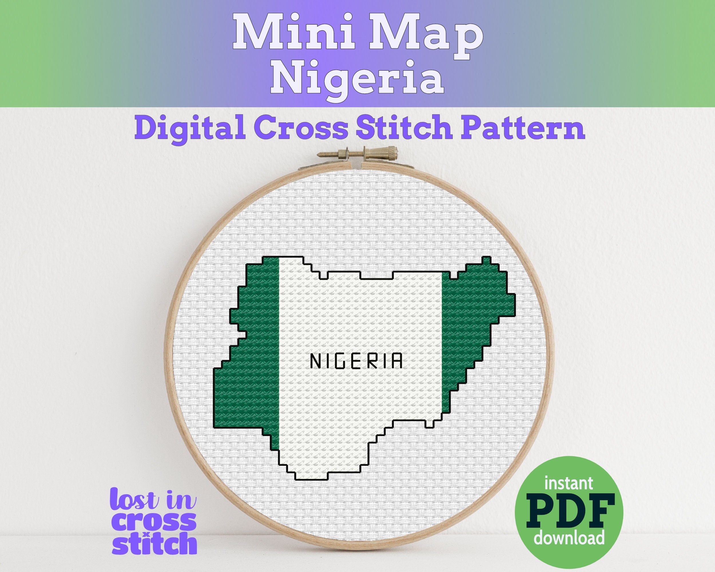 Nigeria Cross Stitch Pattern: Mini Flag Map Main image