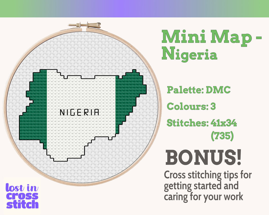 Nigeria Cross Stitch Pattern: Mini Flag Map