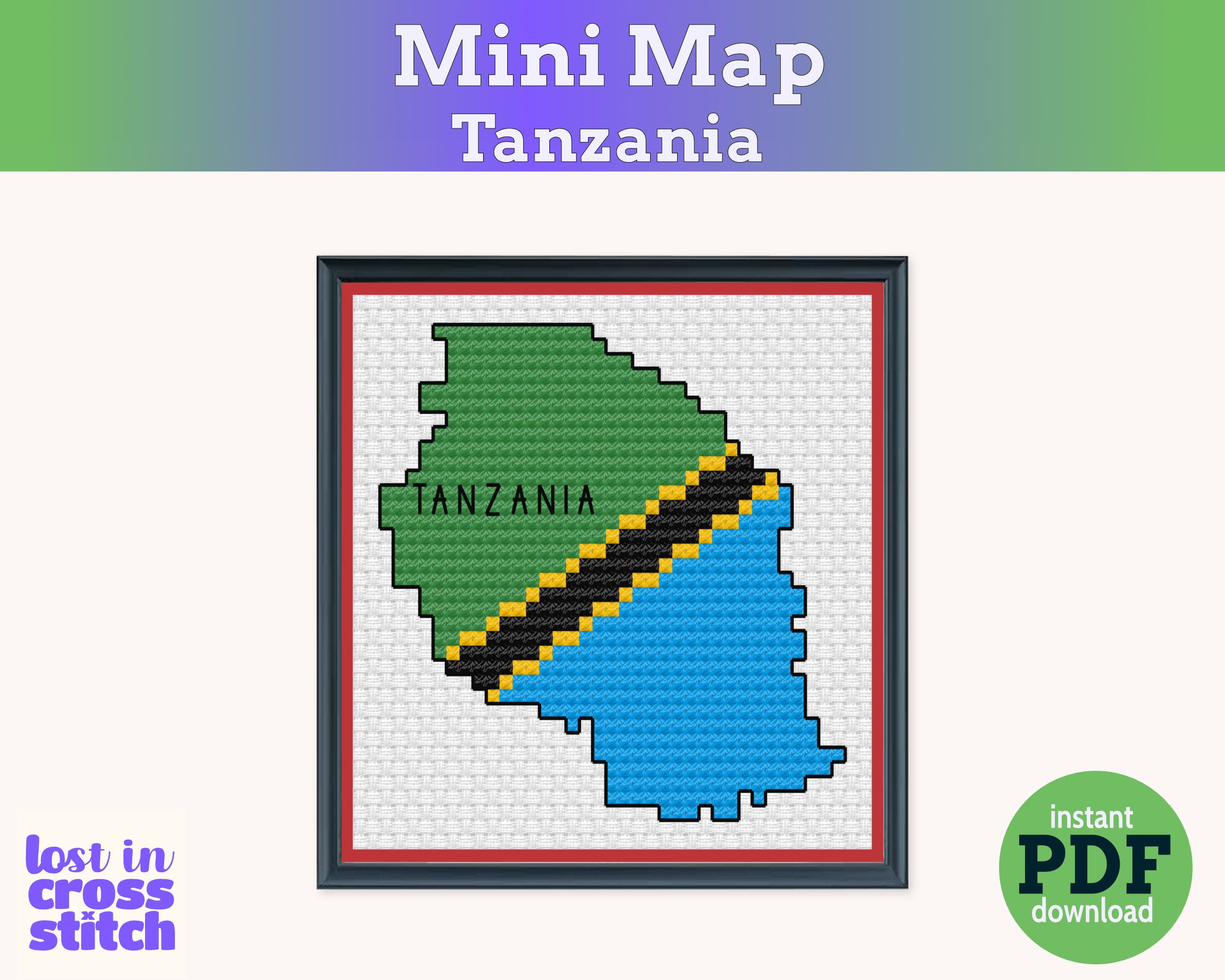 Tanzania Cross Stitch Pattern: Tiny Flag Map