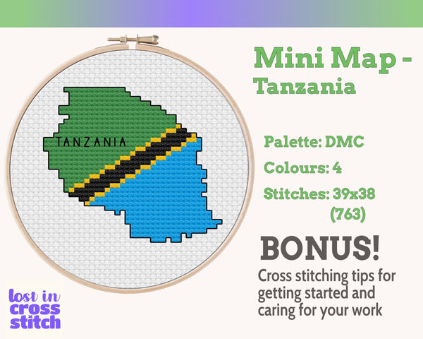 Tanzania Cross Stitch Pattern: Tiny Flag Map