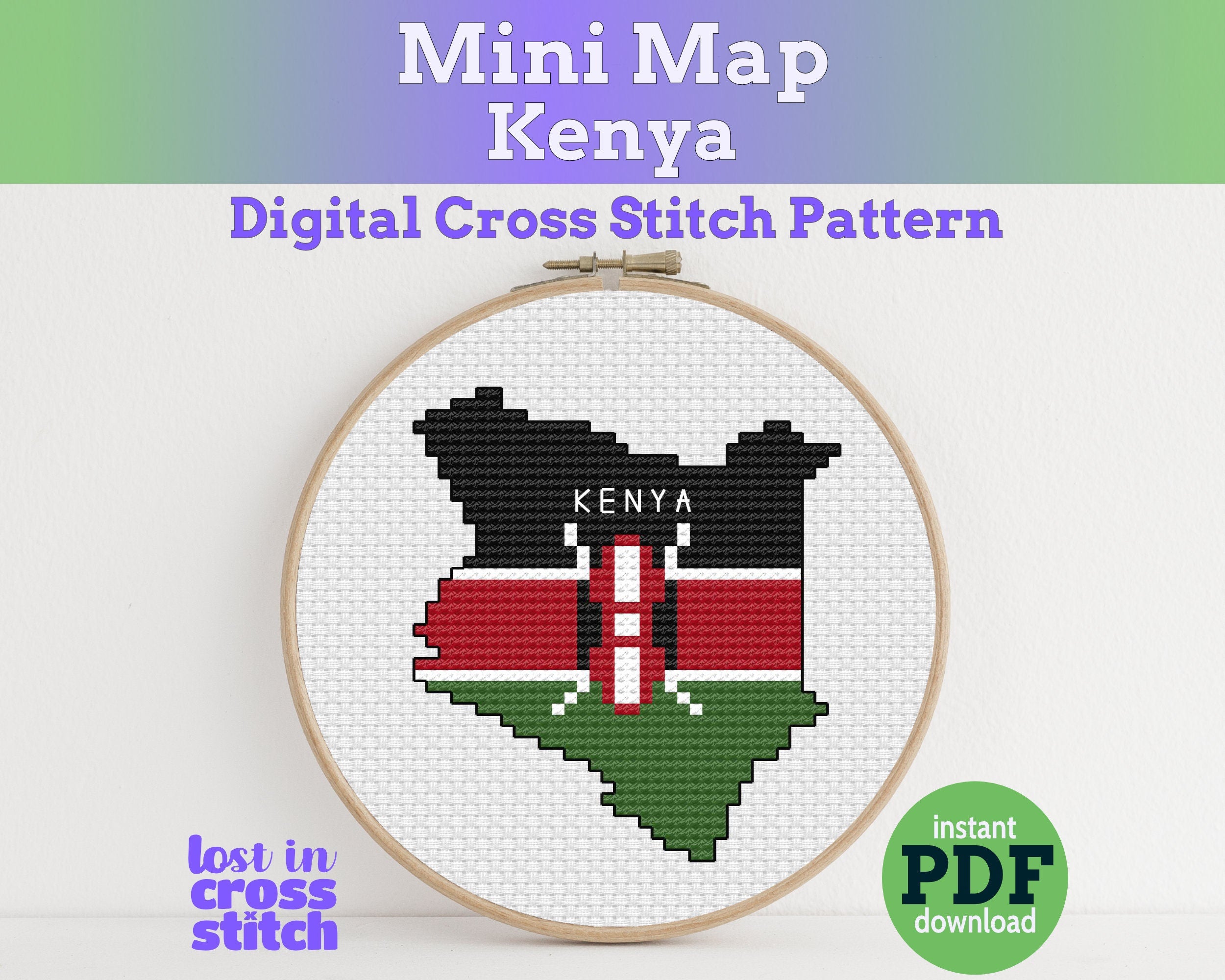 Kenya Cross Stitch Pattern: Tiny Flag Map Main image