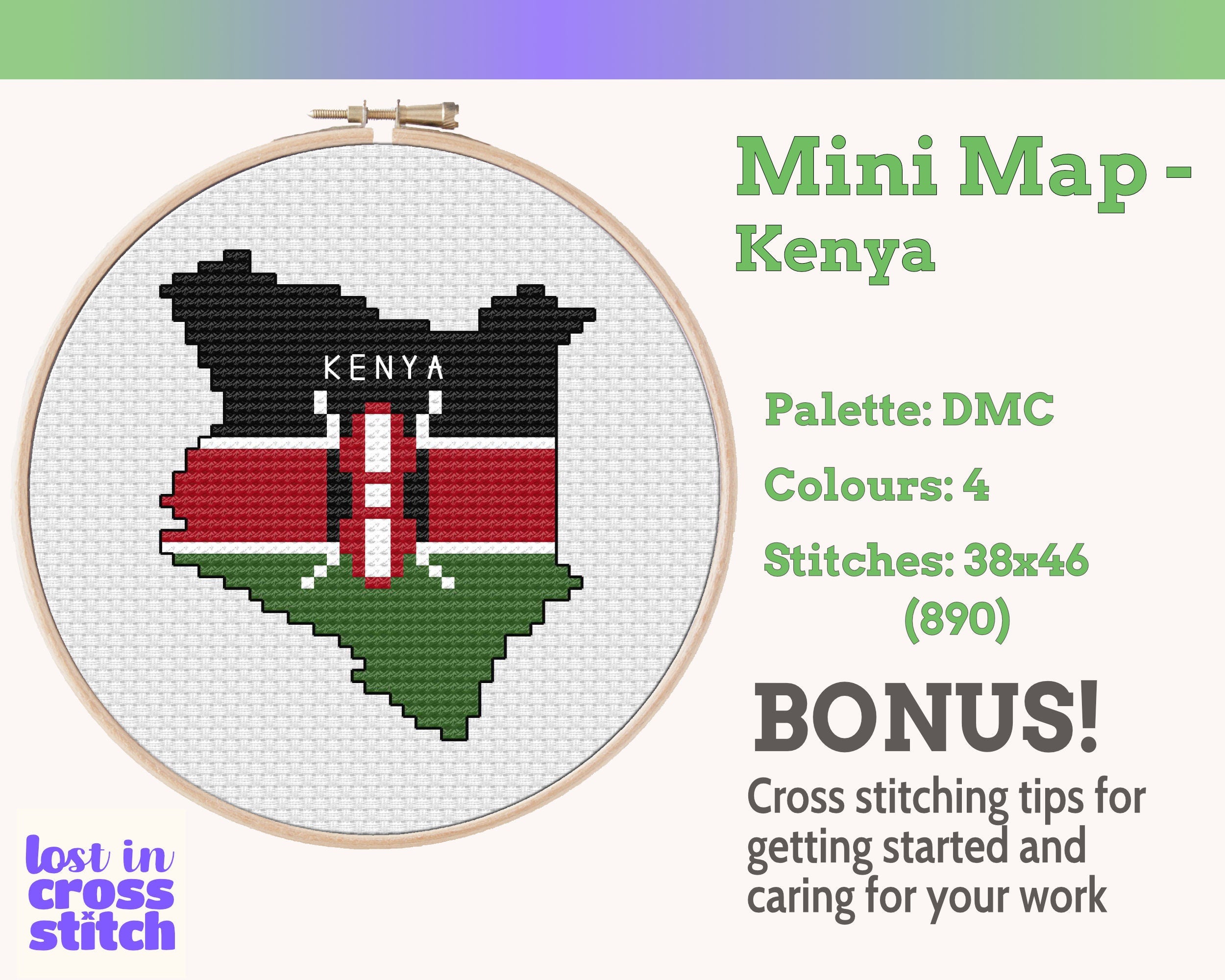 Kenya Cross Stitch Pattern: Tiny Flag Map