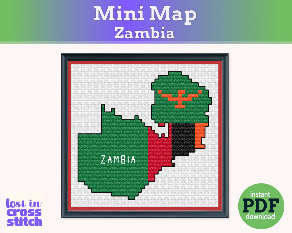 Zambia Cross Stitch Pattern: Tiny Flag Map
