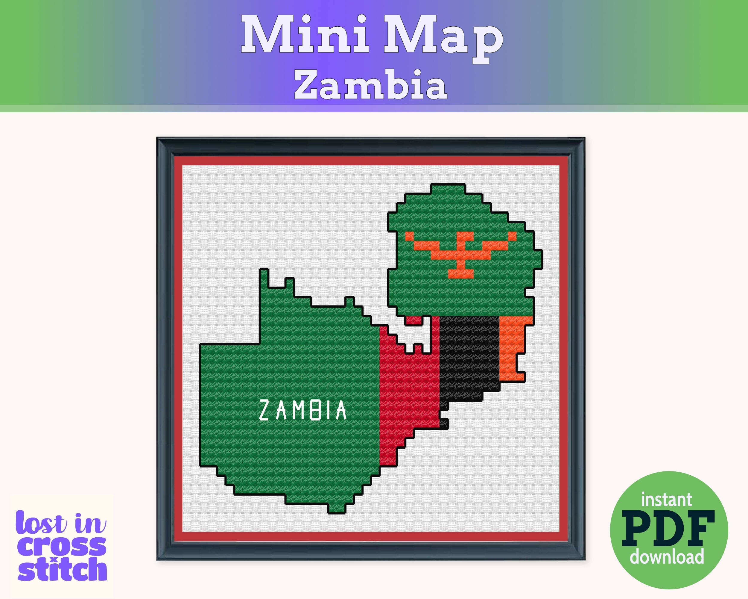 Zambia Cross Stitch Pattern: Tiny Flag Map