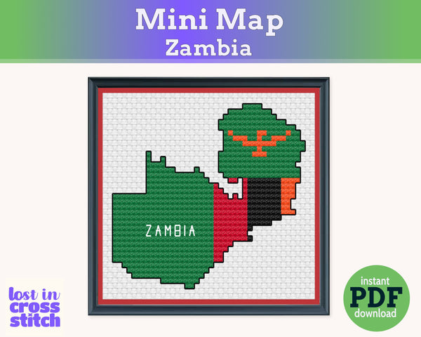 Zambia Cross Stitch Pattern: Tiny Flag Map