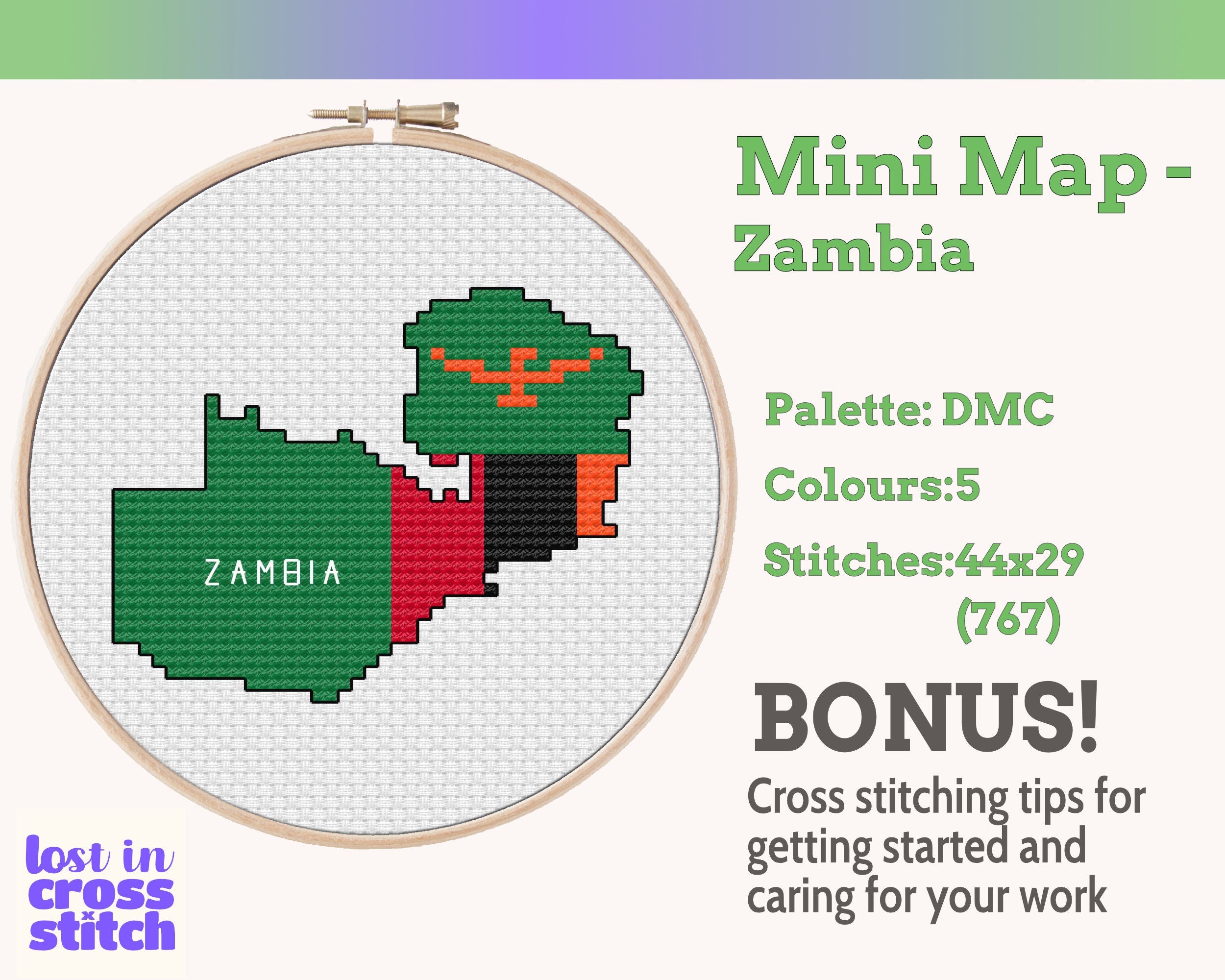 Zambia Cross Stitch Pattern: Tiny Flag Map