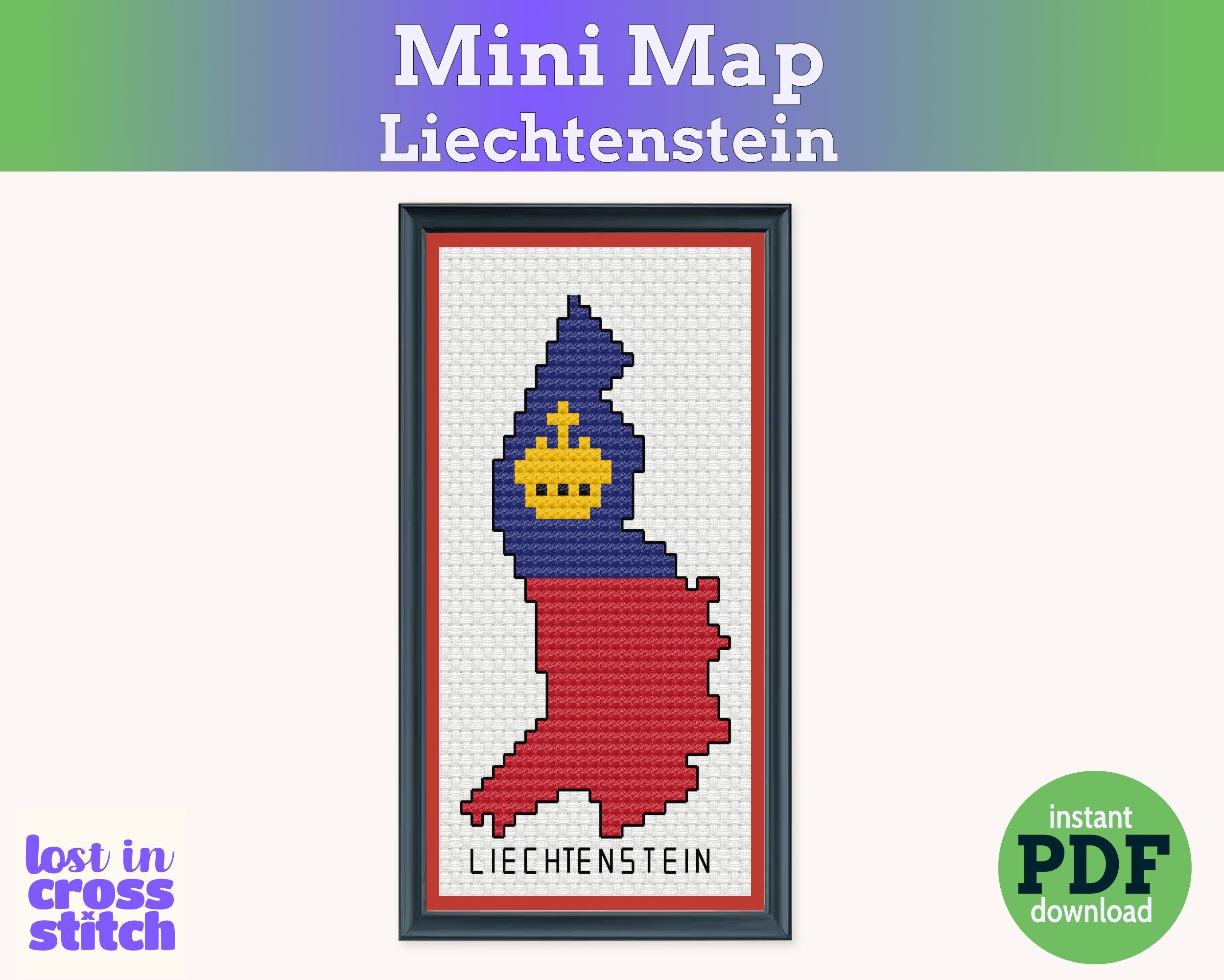 Liechtenstein Cross Stitch Pattern: Tiny Flag Map