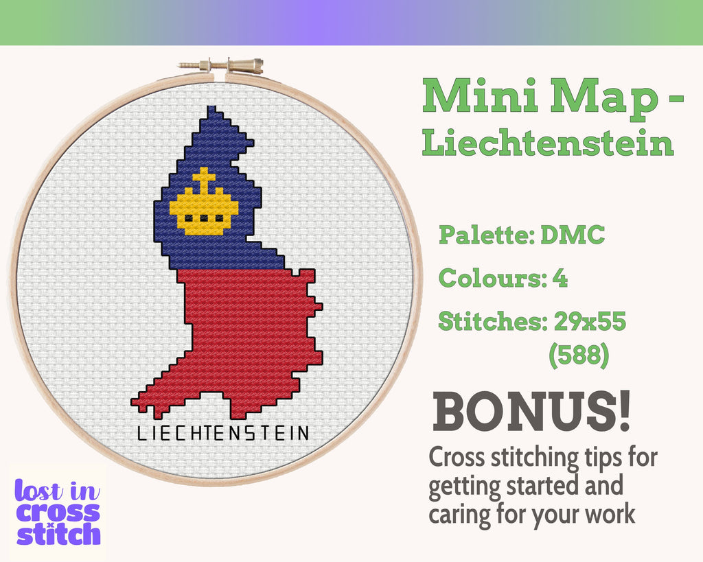 Liechtenstein Cross Stitch Pattern: Tiny Flag Map