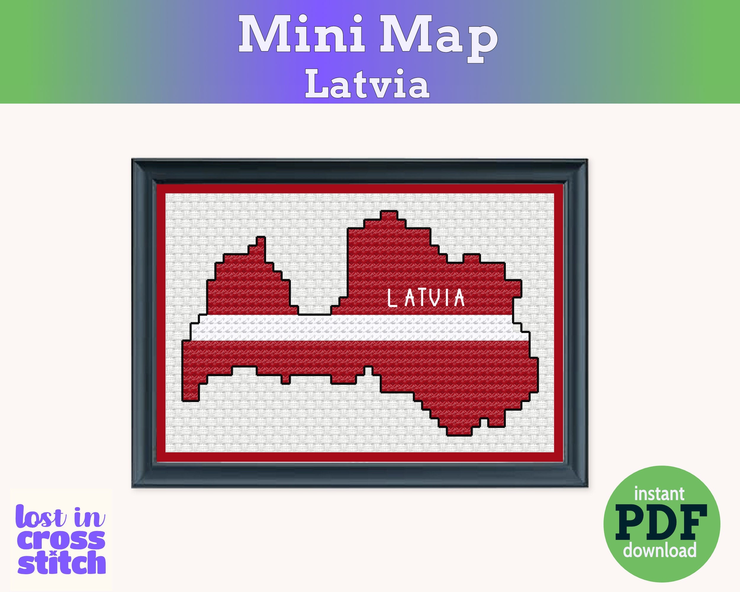 Latvia Cross Stitch Pattern: Tiny Flag Map
