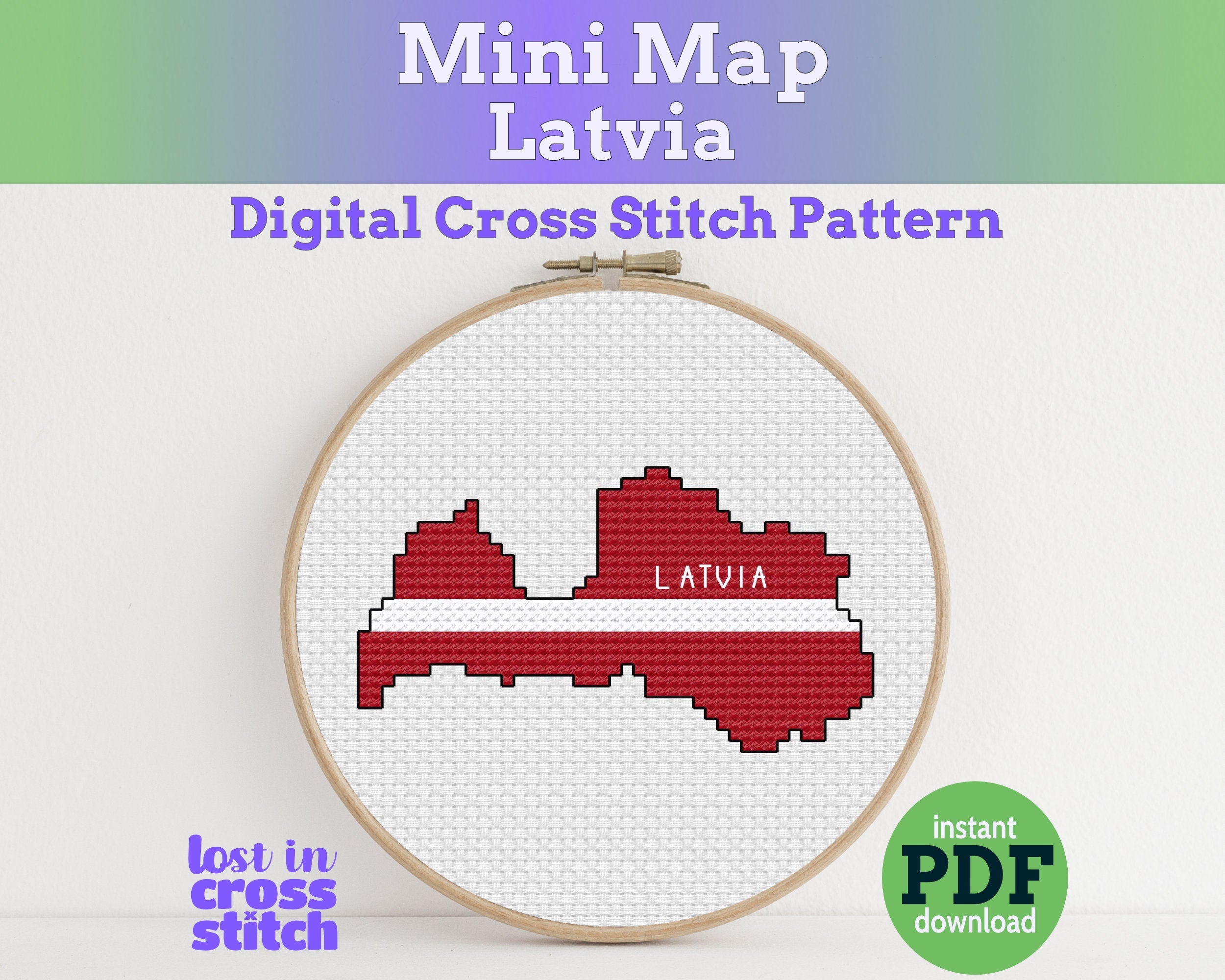 Latvia Cross Stitch Pattern: Tiny Flag Map