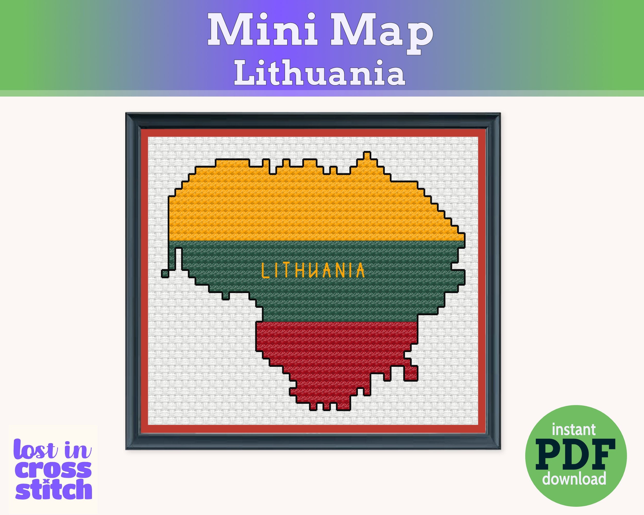 Lithuania Cross Stitch Pattern: Tiny Flag Map