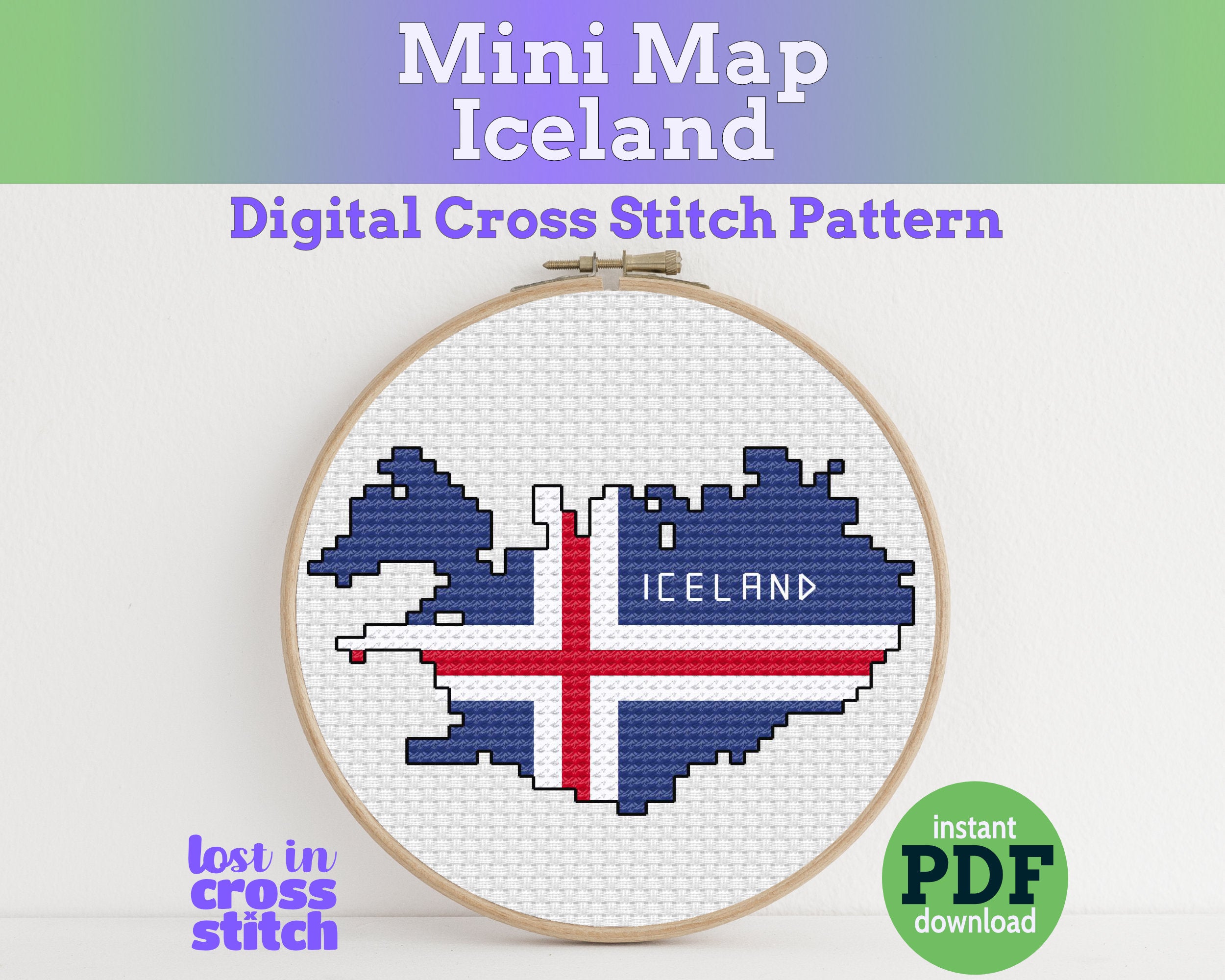 Iceland Cross Stitch Pattern: Tiny Flag Map Main image