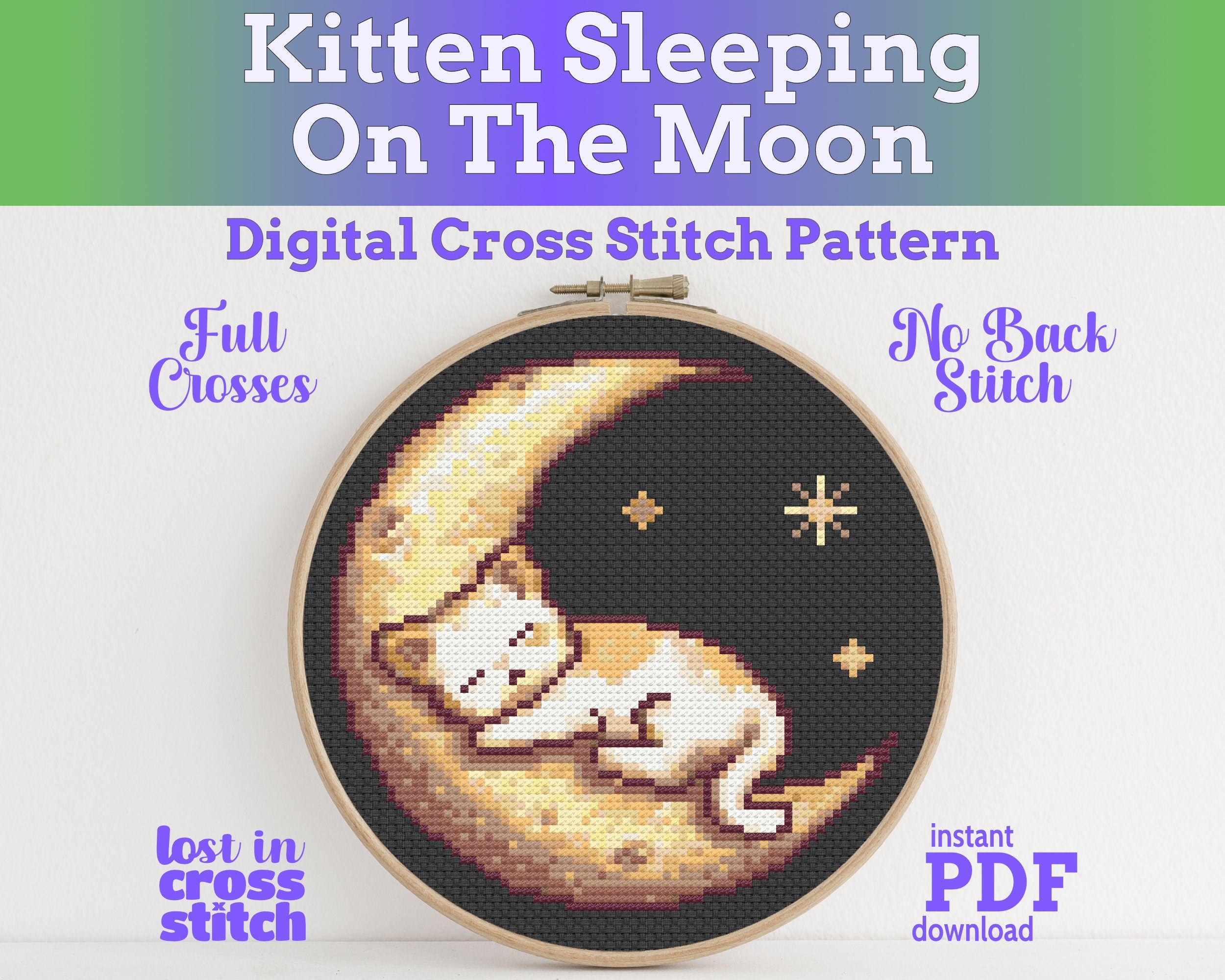 Kitten Sleeping on the Moon Cross Stitch Pattern PDF Main image