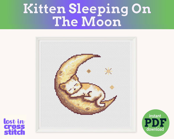 Kitten Sleeping on the Moon Cross Stitch Pattern PDF