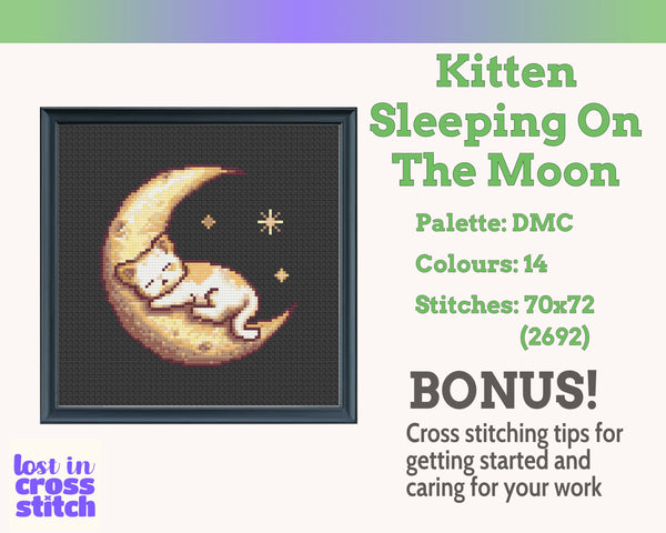 Kitten Sleeping on the Moon Cross Stitch Pattern PDF
