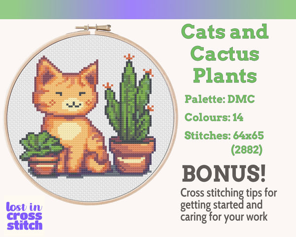 Kitten and Cactus Cross Stitch Pattern PDF