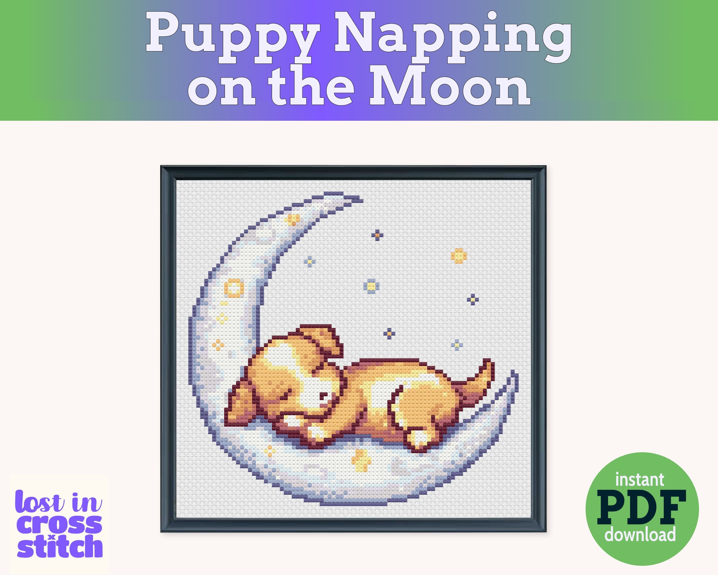 Puppy Sleeping on the Moon Cross Stitch Pattern PDF
