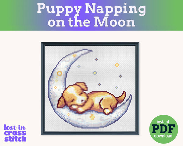 Puppy Sleeping on the Moon Cross Stitch Pattern PDF