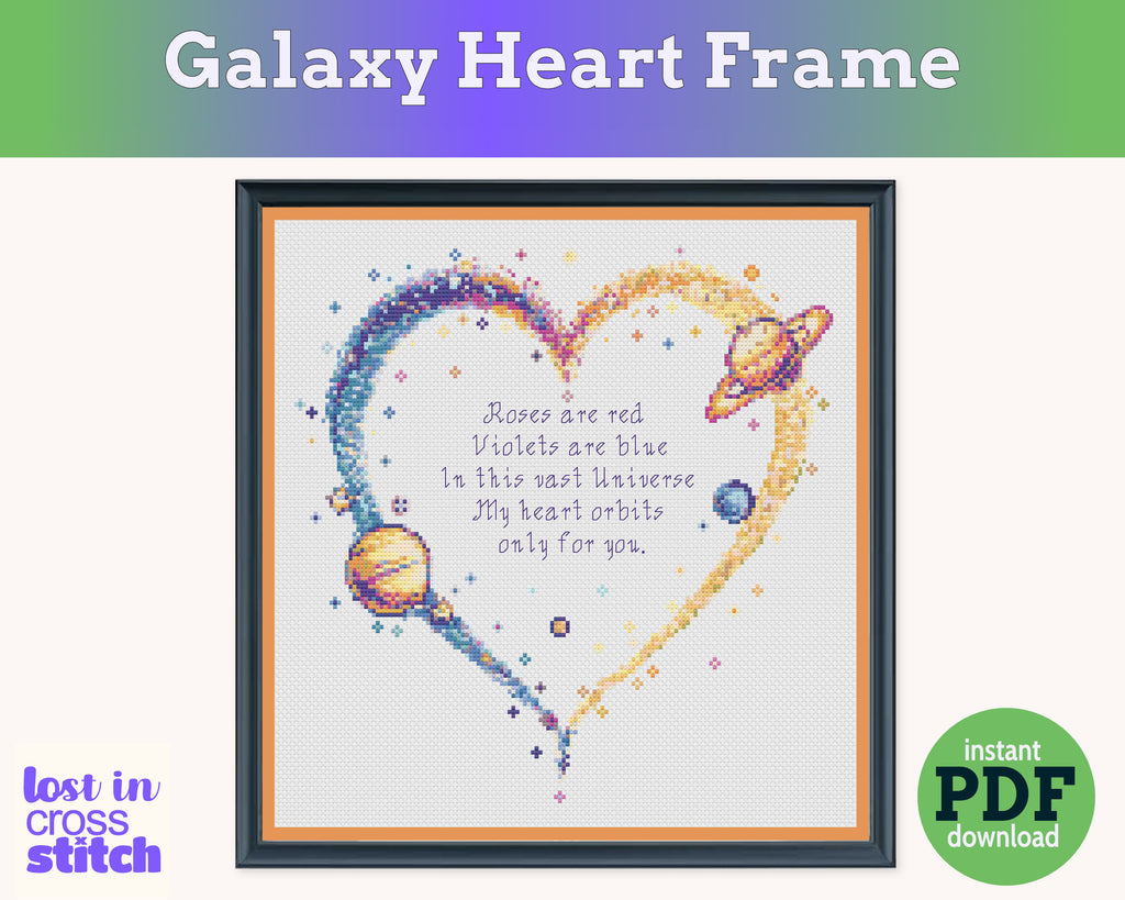 Galaxy Heart Frame Cross Stitch Pattern PDF