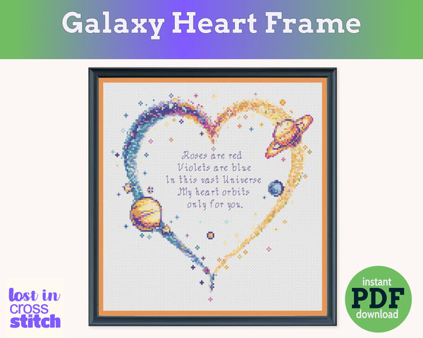Galaxy Heart Frame Cross Stitch Pattern PDF