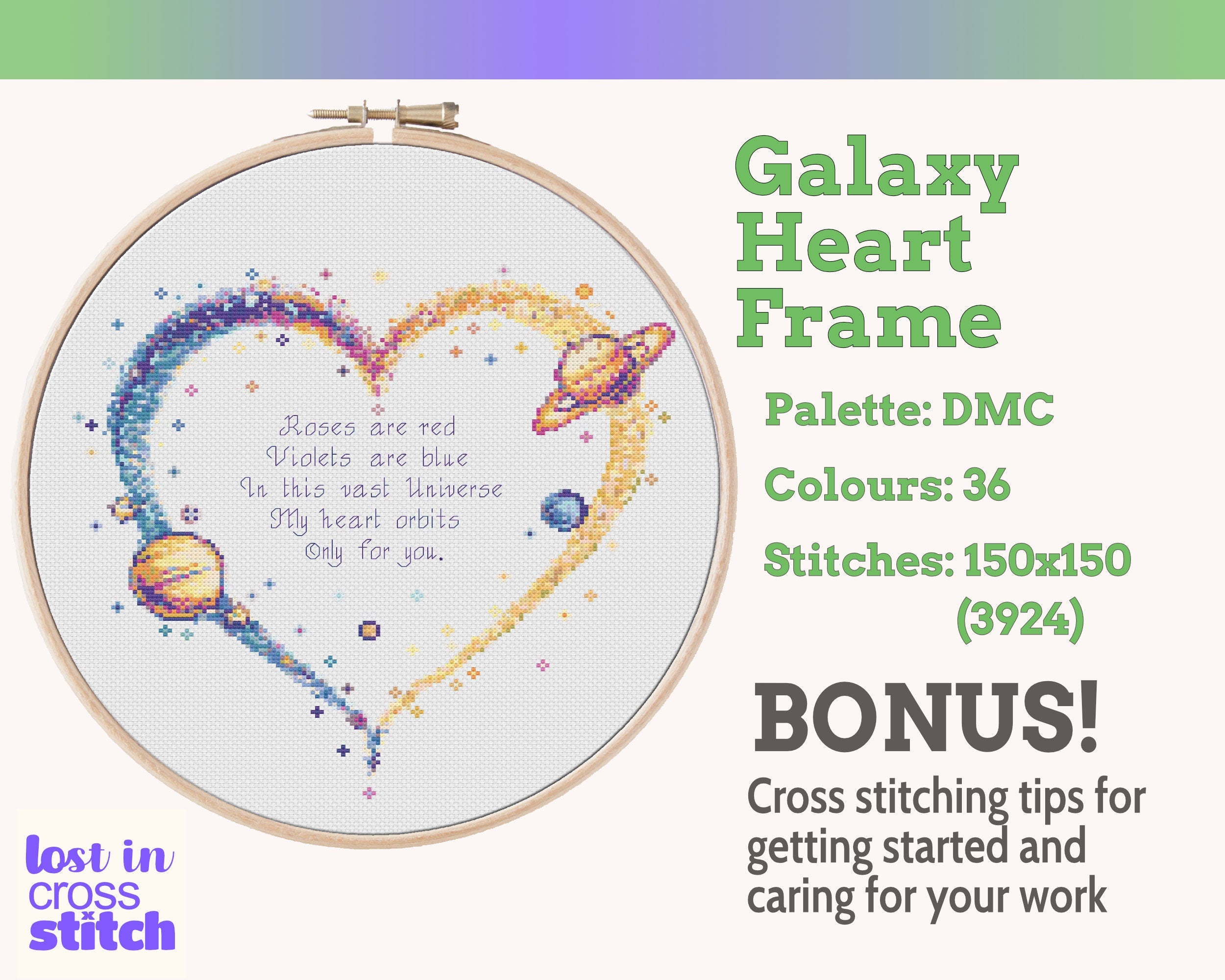 Galaxy Heart Frame Cross Stitch Pattern PDF