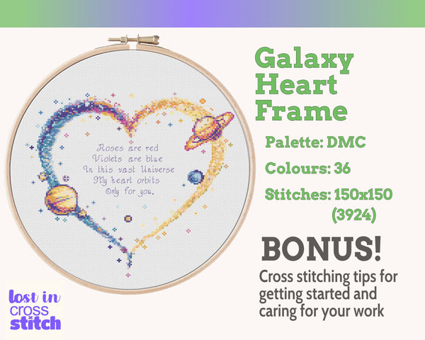 Galaxy Heart Frame Cross Stitch Pattern PDF