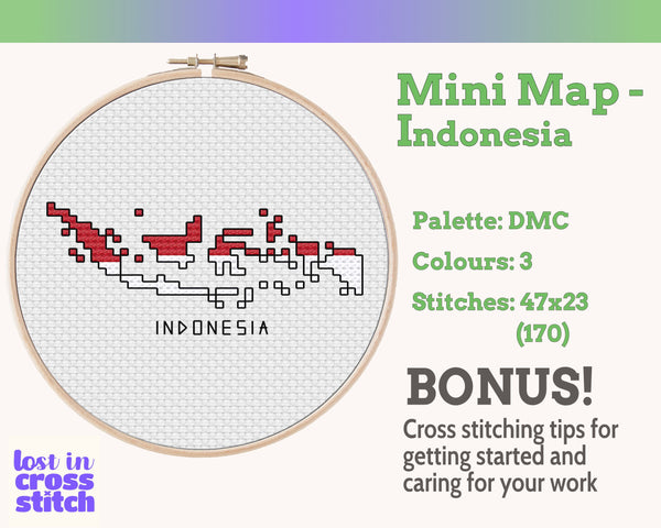 Indonesia Cross Stitch Pattern: Mini Flag Map
