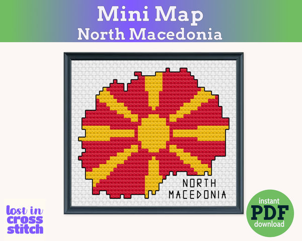 North Macedonia Cross Stitch Pattern: Tiny Flag Map