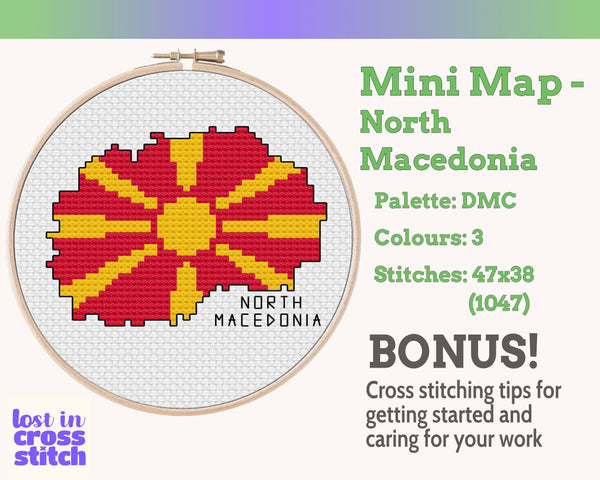North Macedonia Cross Stitch Pattern: Tiny Flag Map