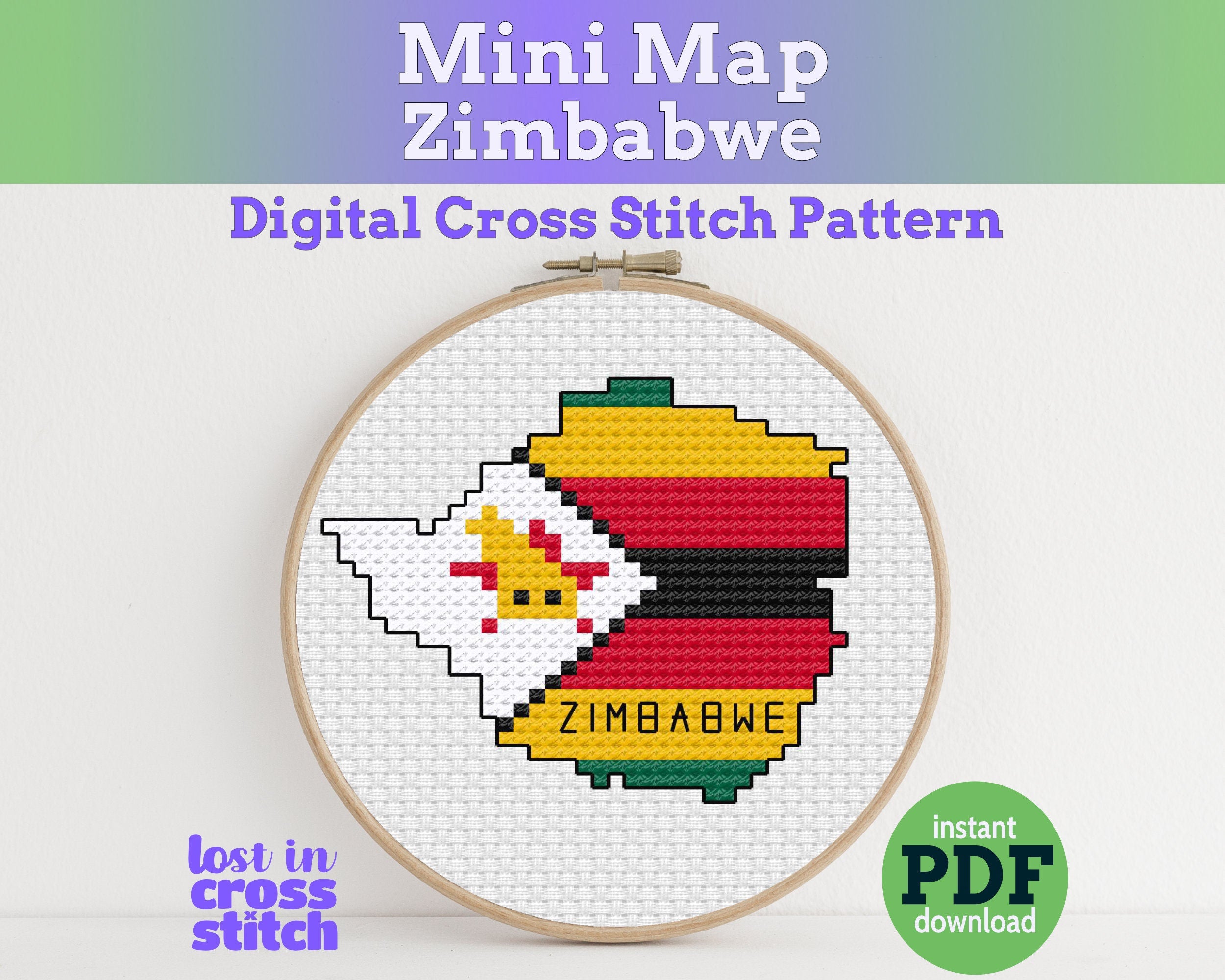 Zimbabwe Cross Stitch Pattern: Tiny Flag Map Main image