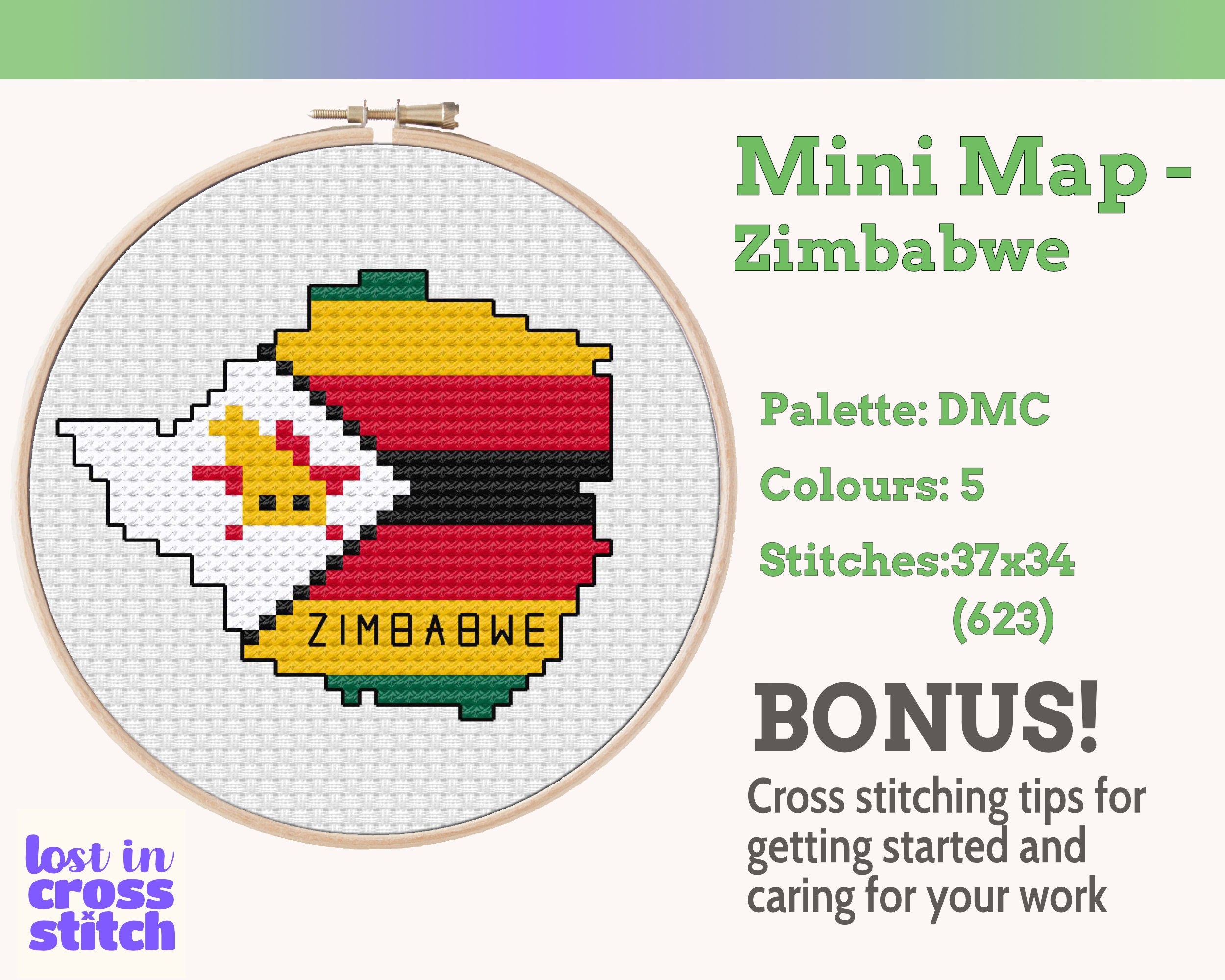 Zimbabwe Cross Stitch Pattern: Tiny Flag Map