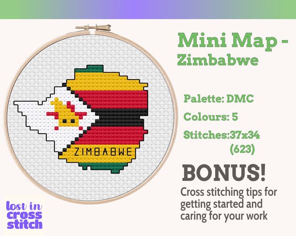 Zimbabwe Cross Stitch Pattern: Tiny Flag Map