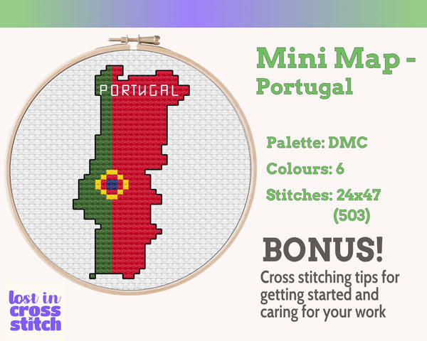Portugal Cross Stitch Pattern: Tiny Flag Map