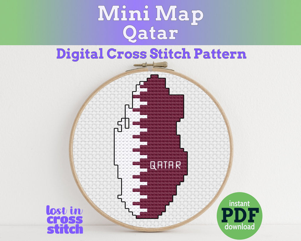 A mini Qatar flag map cross stitch pattern: maroon and white in 3 DMC shades. A small finish for Doha expat memories or Qatari heritage.