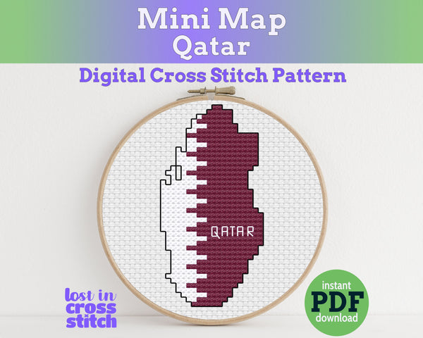 A mini Qatar flag map cross stitch pattern: maroon and white in 3 DMC shades. A small finish for Doha expat memories or Qatari heritage.